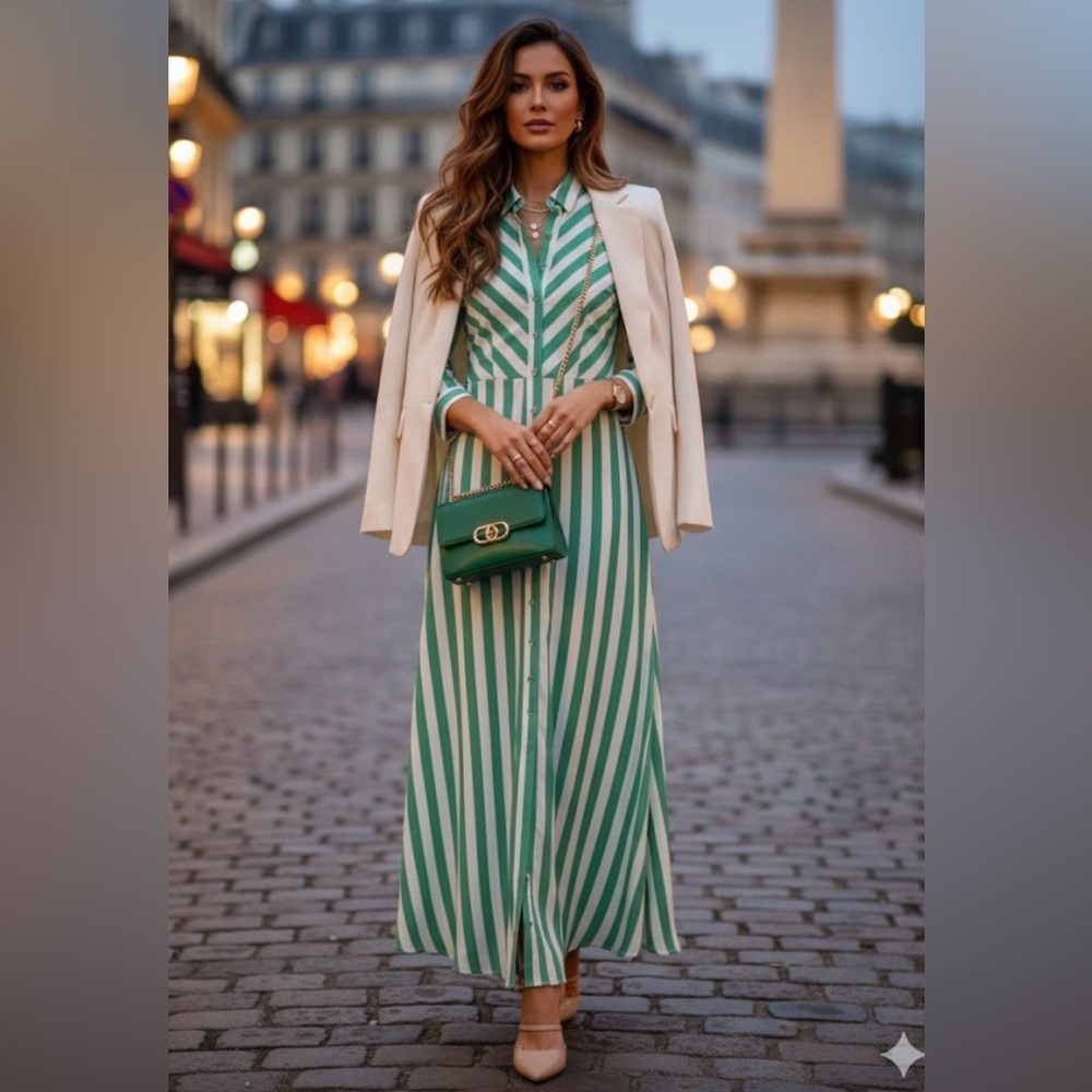 Women’s striped maxi shirt dress in green in size XS pit to pit 17”